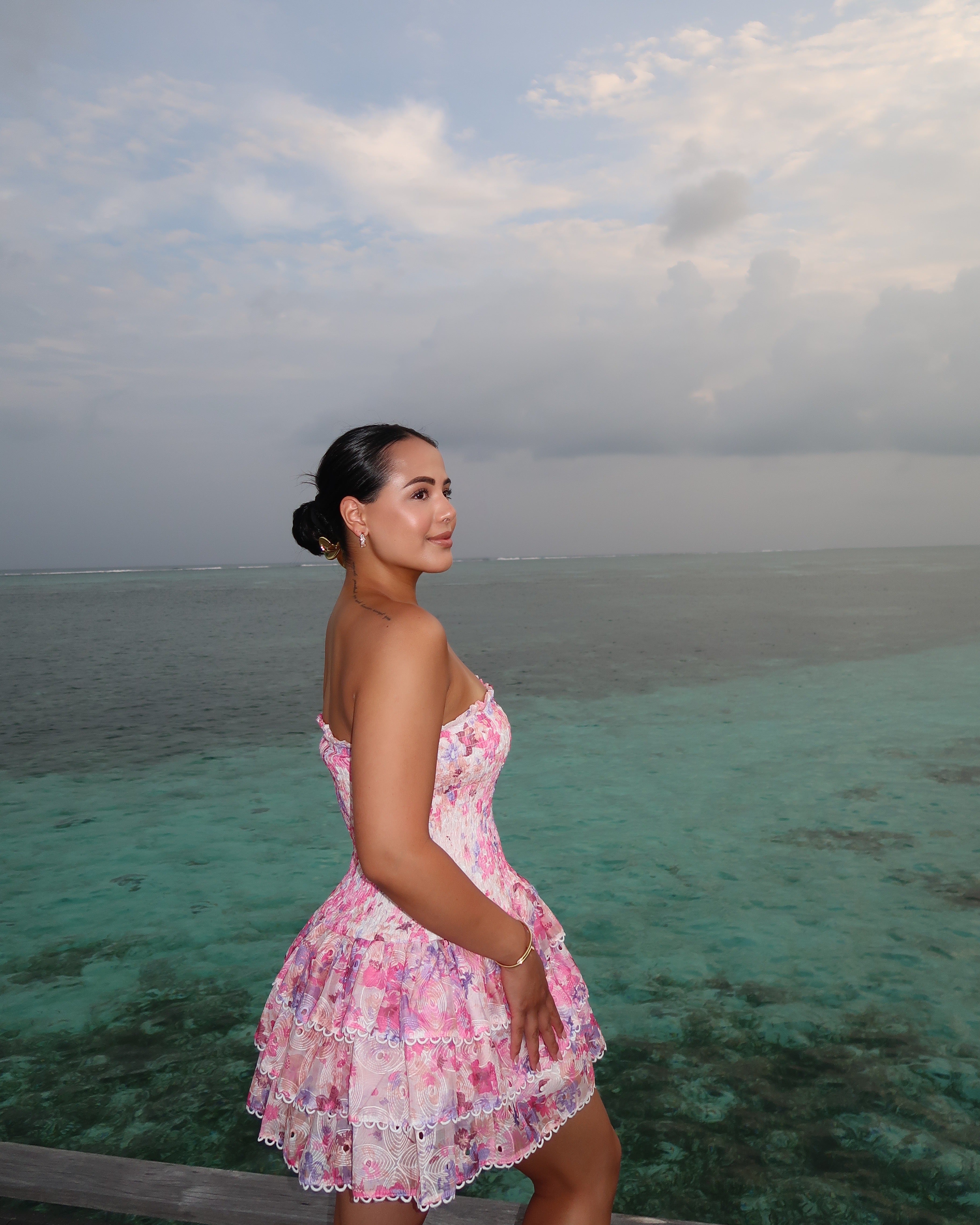 Woman in a pink dress standing by a scenic ocean view with a cloudy sky.

